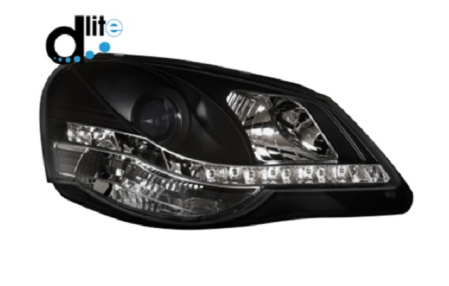 Передняя оптика VW Polo IV 2005-2010 с дневными ходовыми огнями, черный корпус