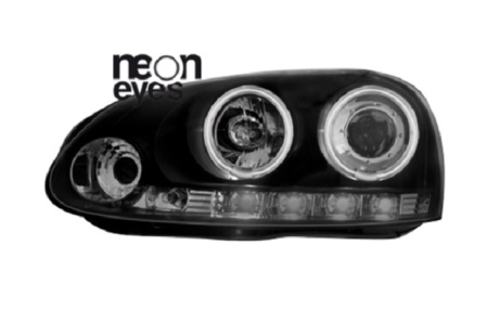 Передняя оптика VW Golf V, Jetta V 2006-2010 с неоновыми кольцами черный корпус