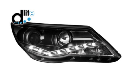 Передняя оптика VW Tiguan (5N) 2007-2010 с дневными ходовыми огнями, черный корпус