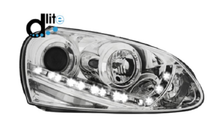 Передняя оптика VW Golf V, Jetta V 2006-2010 с дневными ходовыми огнями, хромированный корпус, для автомобилей с оригинальным ксеноном