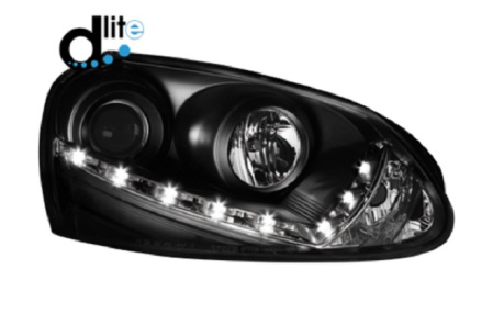 Передняя оптика VW Golf V, Jetta V 2006-2010 с дневными ходовыми огнями, черный корпус