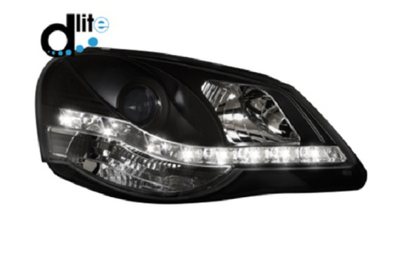 Передняя оптика VW Polo IV 2005-2010 с дневными ходовыми огнями, черный корпус