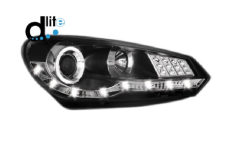Передняя оптика VW Golf VI с дневными ходовыми огнями, черный корпус