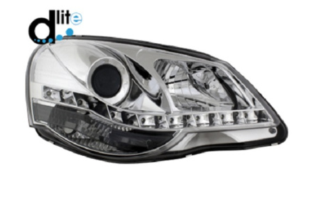 Передняя оптика VW Polo IV 2005-2010 с дневными ходовыми огнями, хромированный корпус