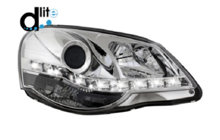 Передняя оптика VW Polo IV 2005-2010 с дневными ходовыми огнями, хромированный корпус